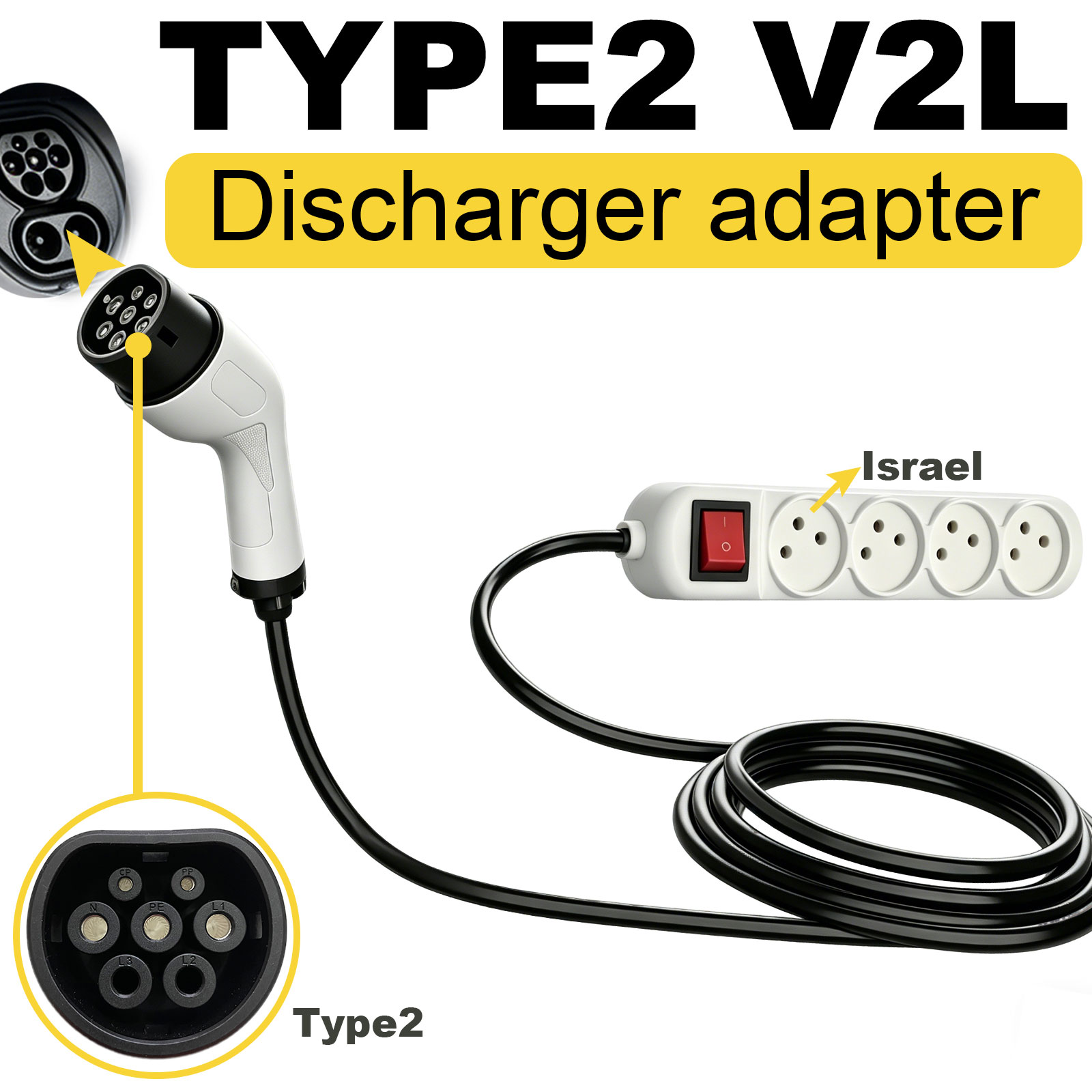 Outdoor Power Port - Type2 V2L Discharge Adapter Israel Socket